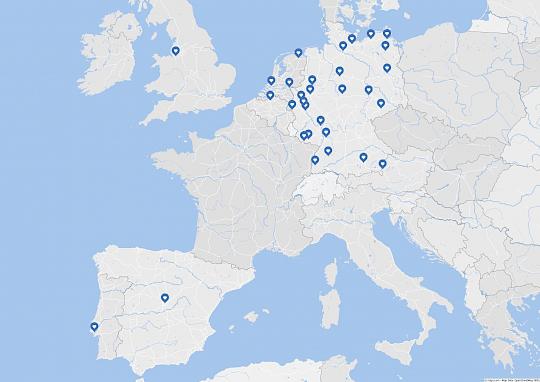Map of Europe with markers indicating the participating centers of the TOFU registry.