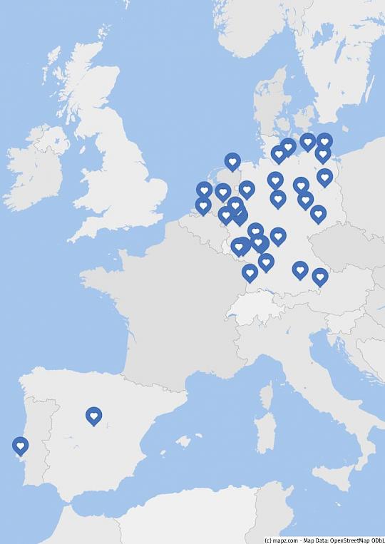 Europakarte mit Markierungen der teilnehmenden Zentren des TOFU-Registers.